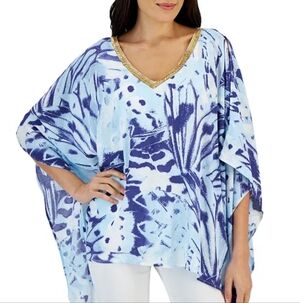 NWT JM Collection Butterfly Prism Handkerchief Hem Tunic Top Size L Large